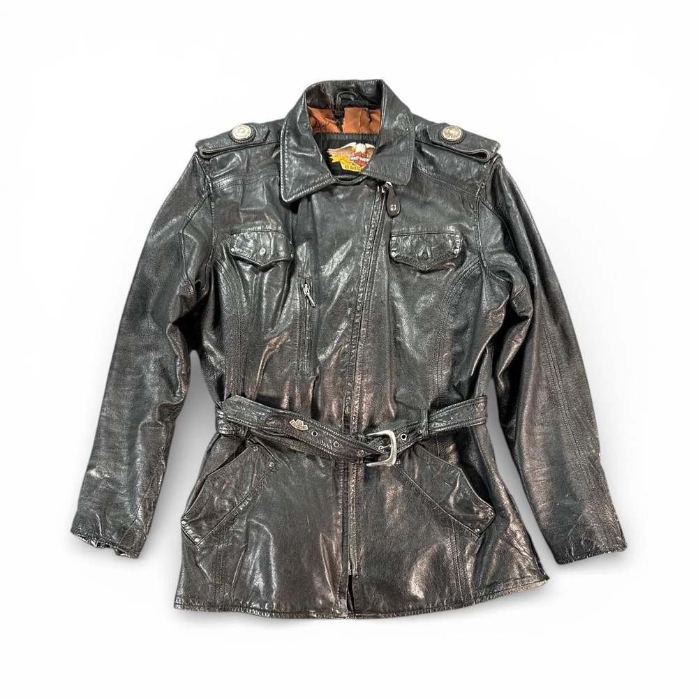 Vintage Harley Davidson Jacket Womens Medium Black Belted Leather Moto Biker 90s